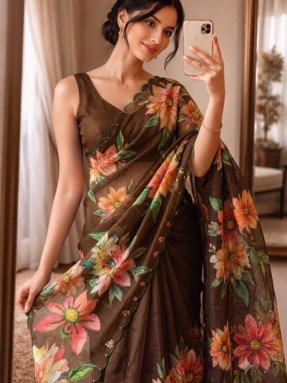 Brown Floral hand painted Linen Saree - lightweight with beaded work Saree
